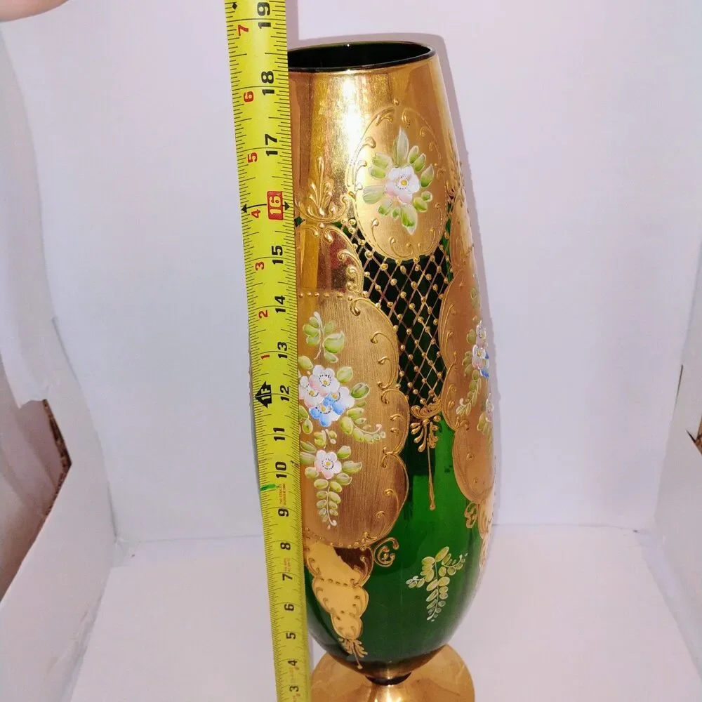 18” Handmade Italian Decorative Vase – Green & Gold Bohemian Glass-hand painted
